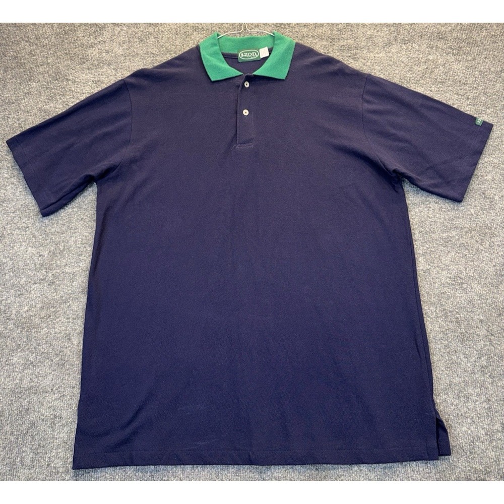 IZOD Men's L Navy Blue Green Collar Polo Shirt Made in USA Vintage